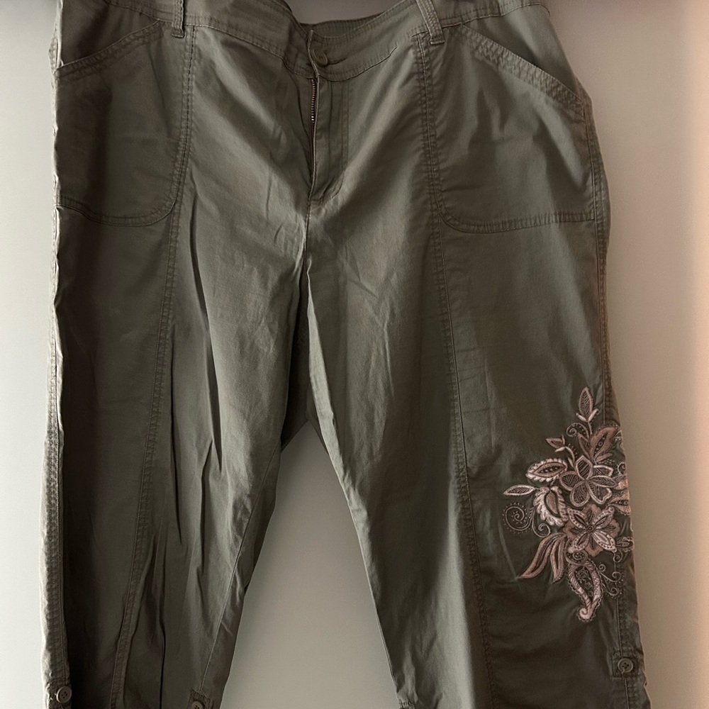 Style & Co. Woman Pants in Olive with Floral Embroidery